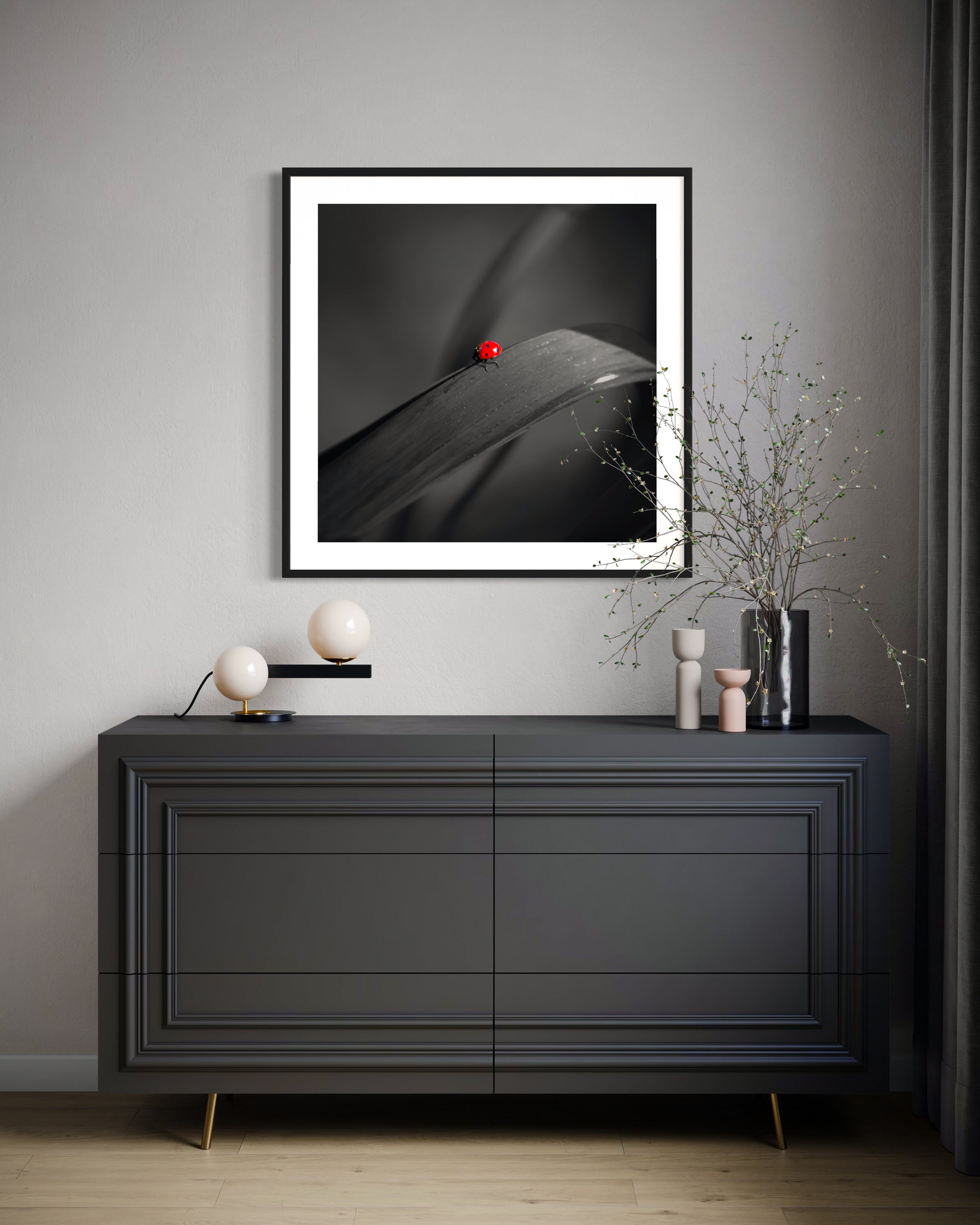 A modern room with a dark gray sideboard features a black-and-white photo of a red ladybug on a leaf. Minimalist lamps and vases add elegance.