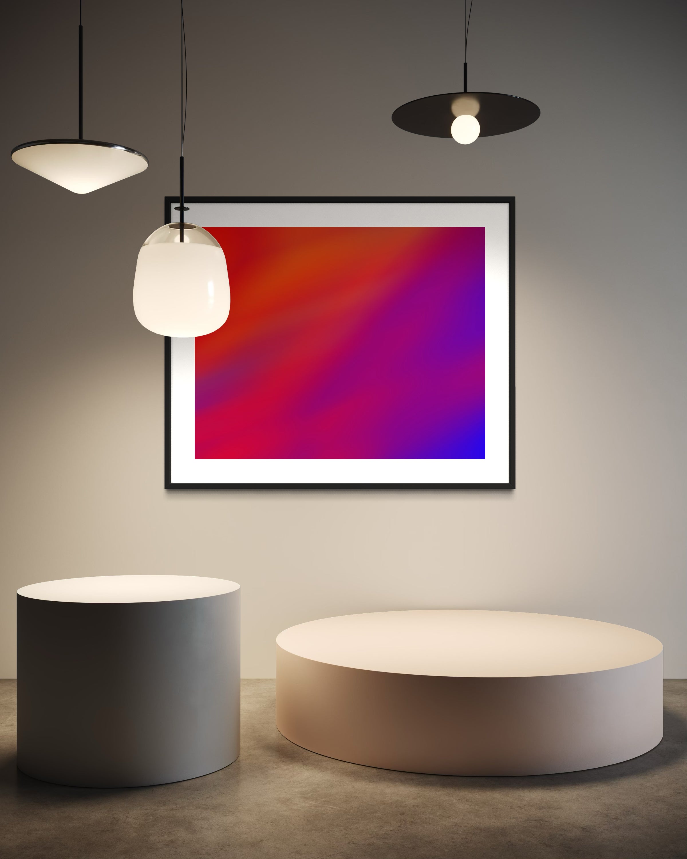 photo of abstract orange, yellow and purple in black frame with white matte on tan wall in modern sitting area with funky light fixtures