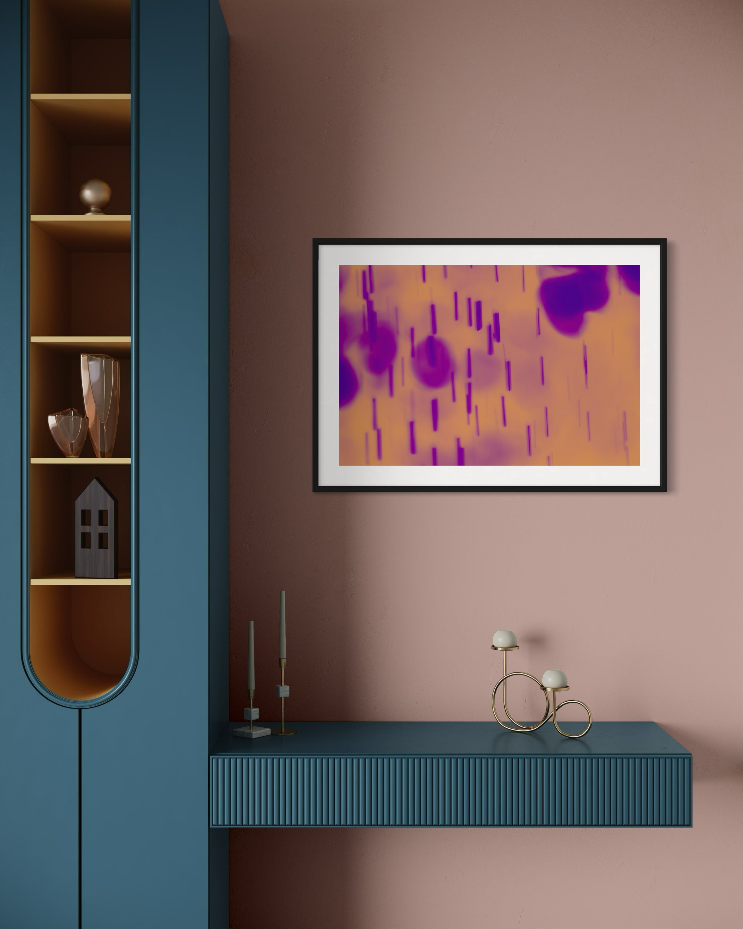 blurred rain in purple on pale yellow background in white frame on peach wall with modern teal shelf and table