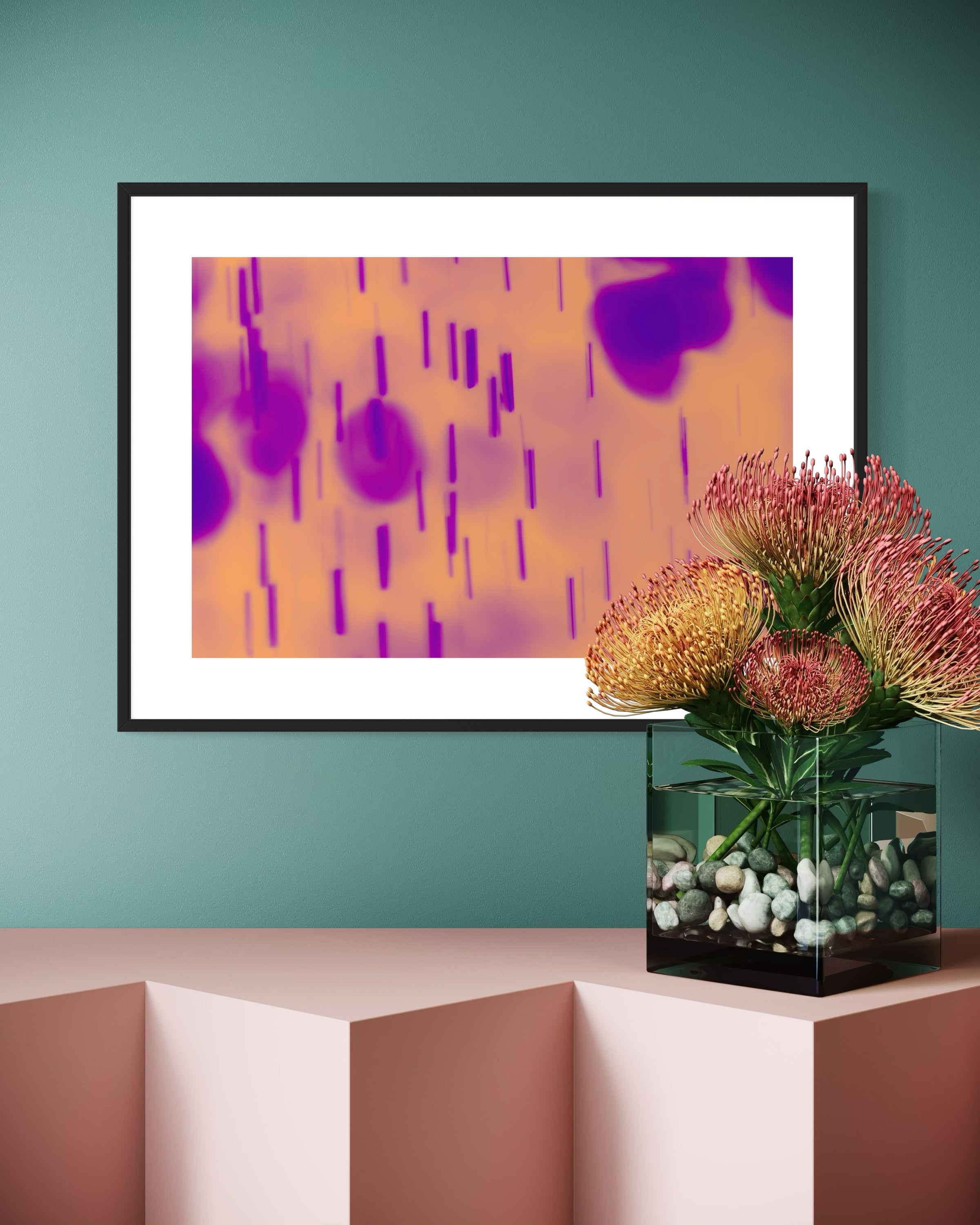 blurred rain in purple on pale yellow background in black frame with white matte on green wall above pink piece of furniture with large square vase of large flowers