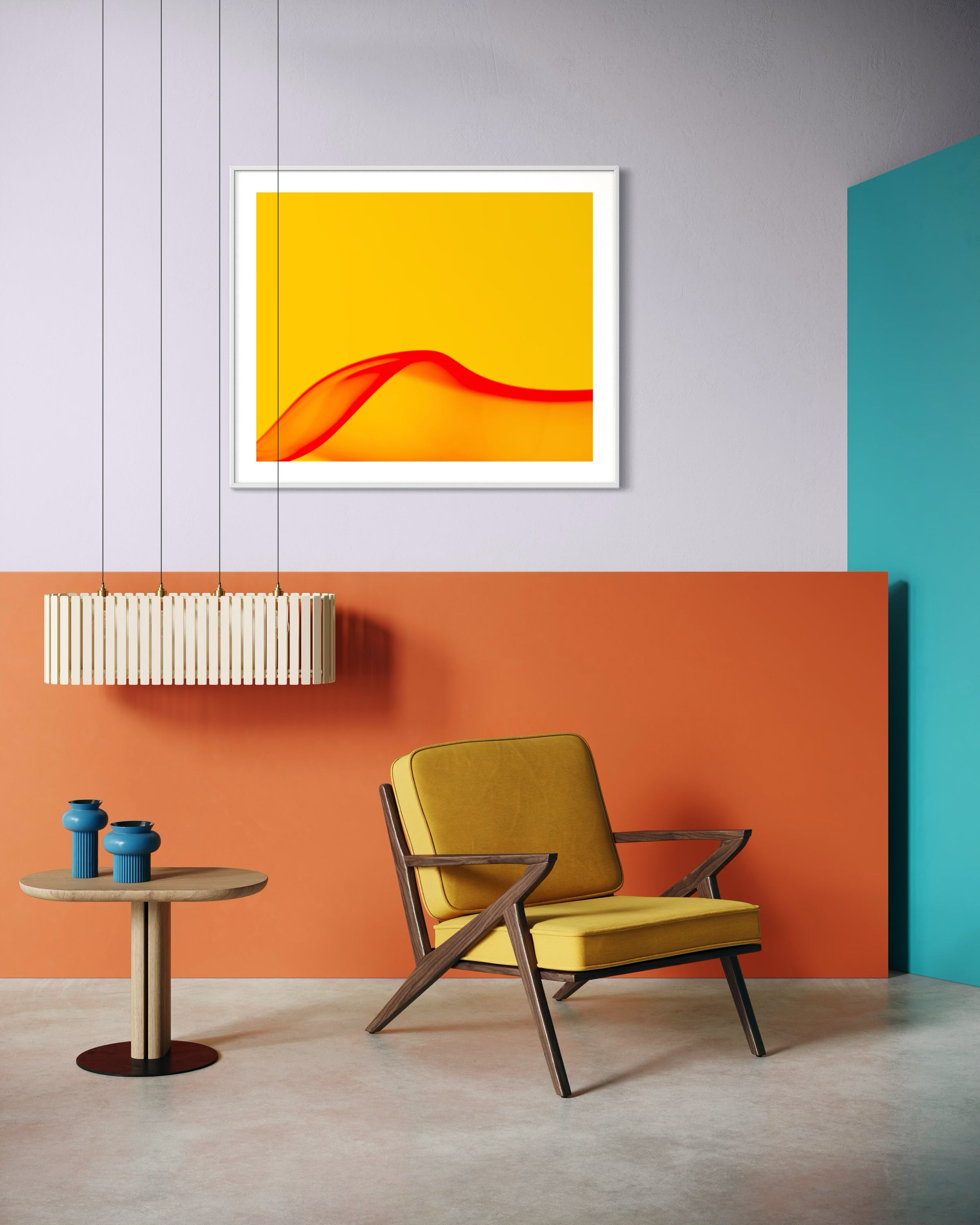 Modern interior with a yellow armchair, side table, and abstract art on an orange wall.